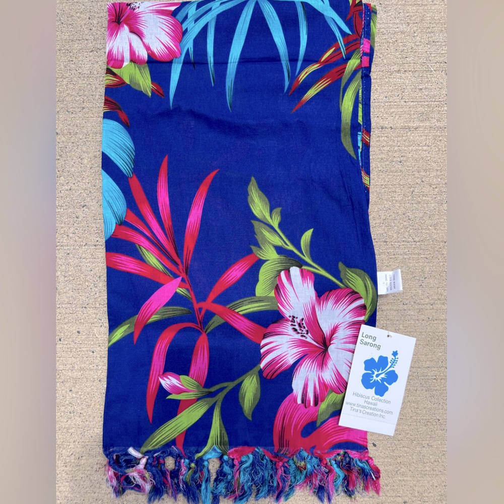 Hawaiian sarong cover-up scarf wrap blue floral 44”x60”